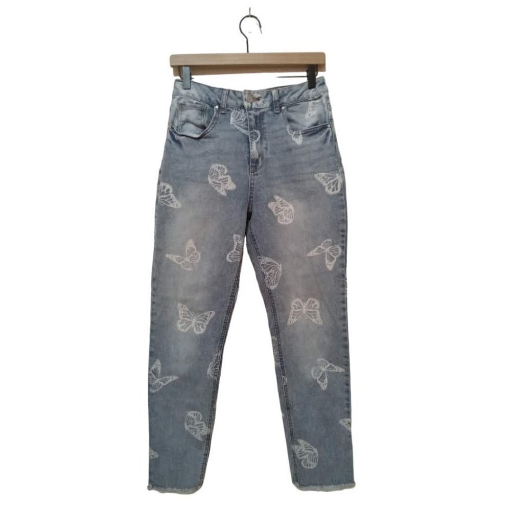 Tinseltown Juniors' Butterfly Print Relaxed Skinny Frayed Jeans Sz 9